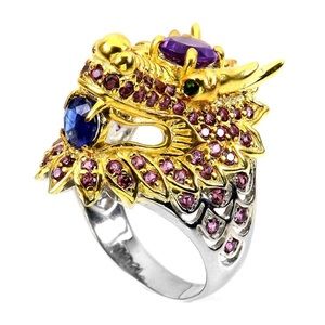 UNHEATED ROUND AMETHYST-KYANITE GEM DRAGON RING-925 SS/2-TONE 14K WHTE+YELLW GLD
